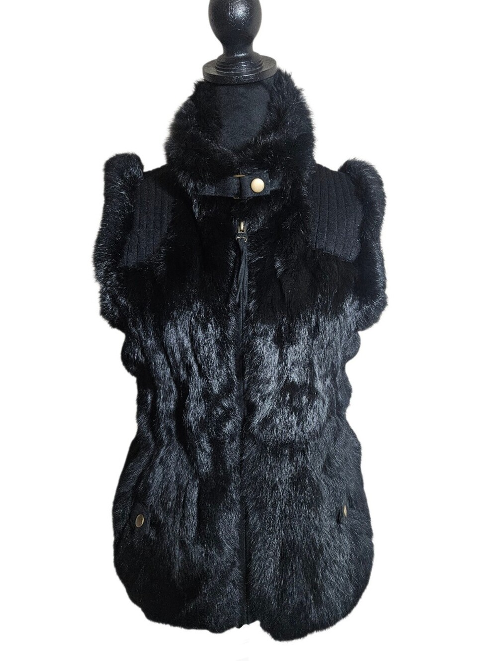 Dolce Cabo Black Rabbit Fur Blend Zip- Up Knit Vest Size M